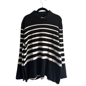 COS Sz Large High-Neck Striped Cotton Knit Sweater Navy Blue Flare Sleeves